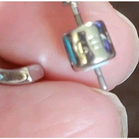 Signed GEN Faux Turquoise Silver Tone Spike Dangle Hoop Earrings - Picture 5 of 5